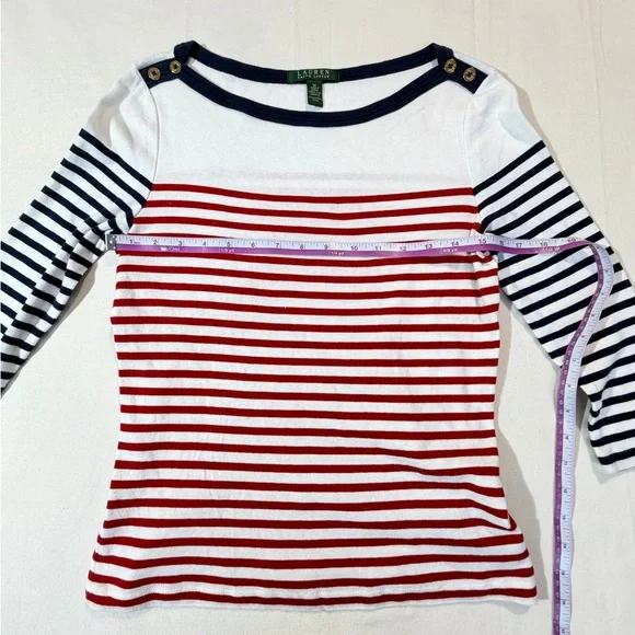 Lauren Ralph Lauren Striped Boat Neck Top Sz M  Nautical Coastal - Picture 7 of 7